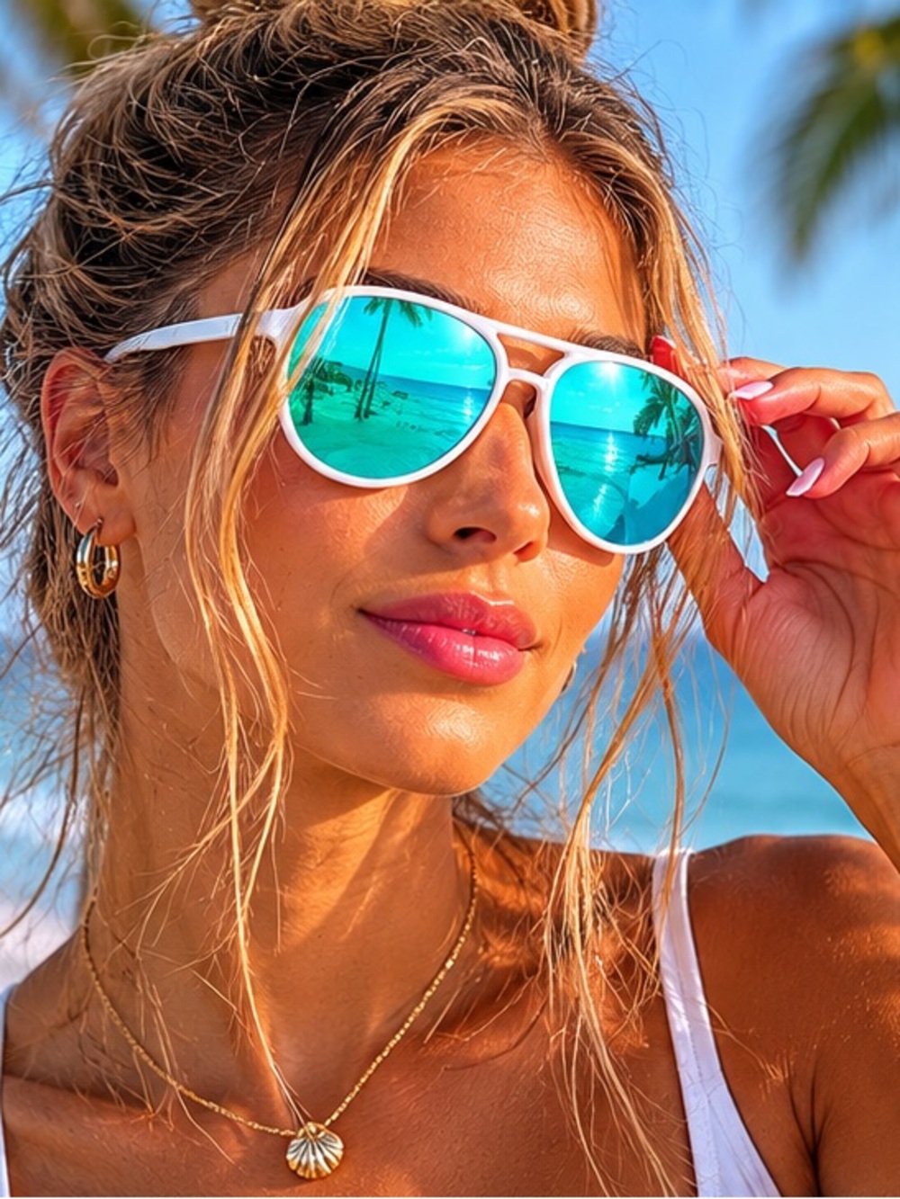 White Frame Blue Mirrored Aviator Sunglasses - Women's Fashion